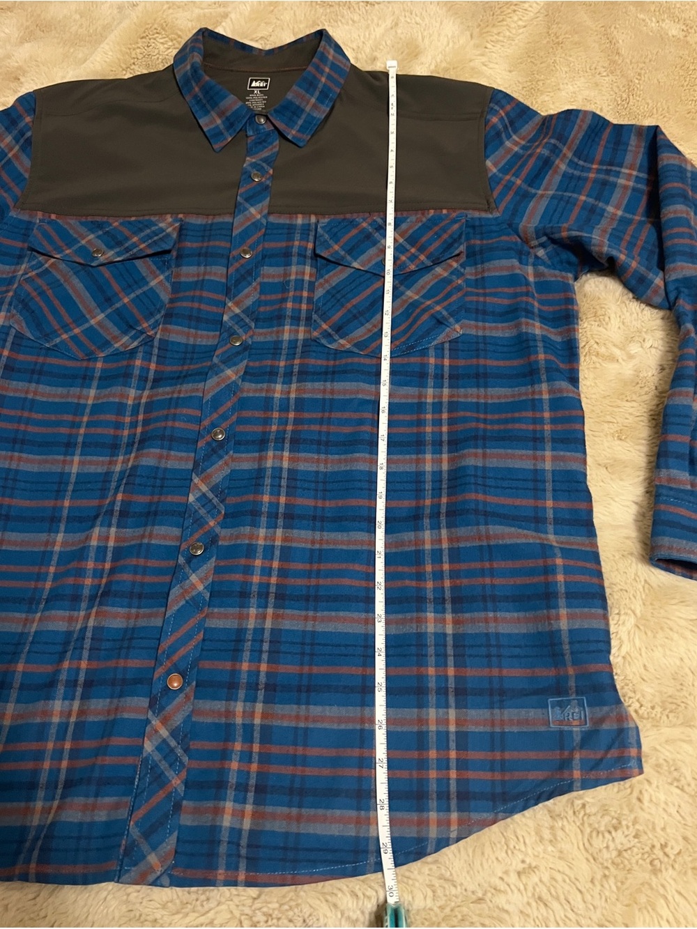 REI Blue and Rust Plaid Button-Down Shirt with Black Yoke - Picture 2 of 11